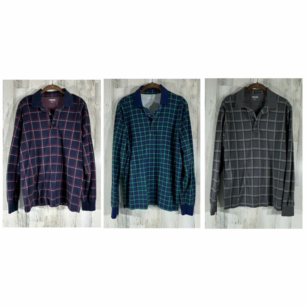 Lands End Polo Shirt Bundle Lot of 3 Medium Multicolor Plaid Long Sleeve Soft‎